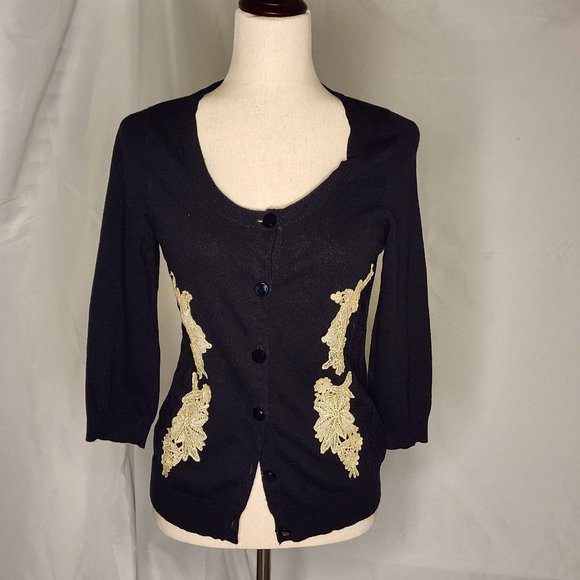 HWR by Anthropologie Sweaters - Anthropologie HWR Celosia Cardigan 3/4 sleeve Black with Gold Applique Size S
